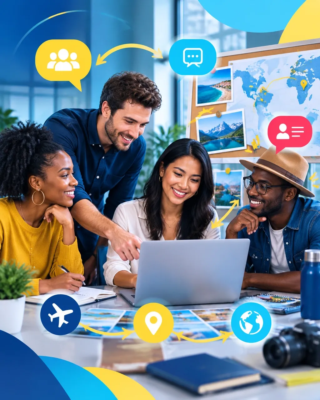 Travel entrepreneurs collaborating around a laptop and destination board