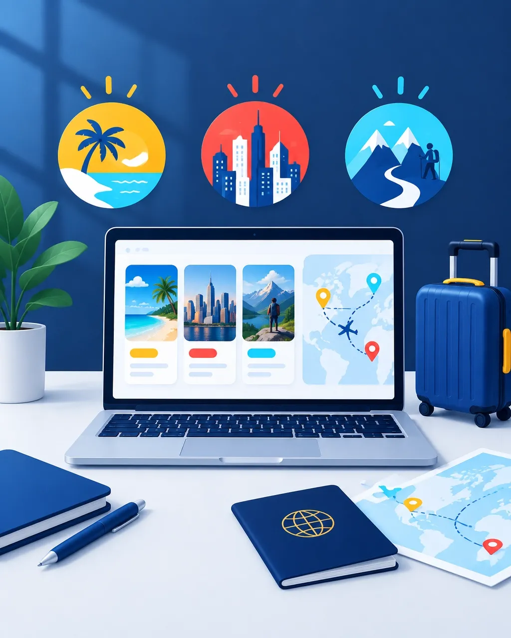 Laptop showing travel planning options with a suitcase, passport, and destination themes