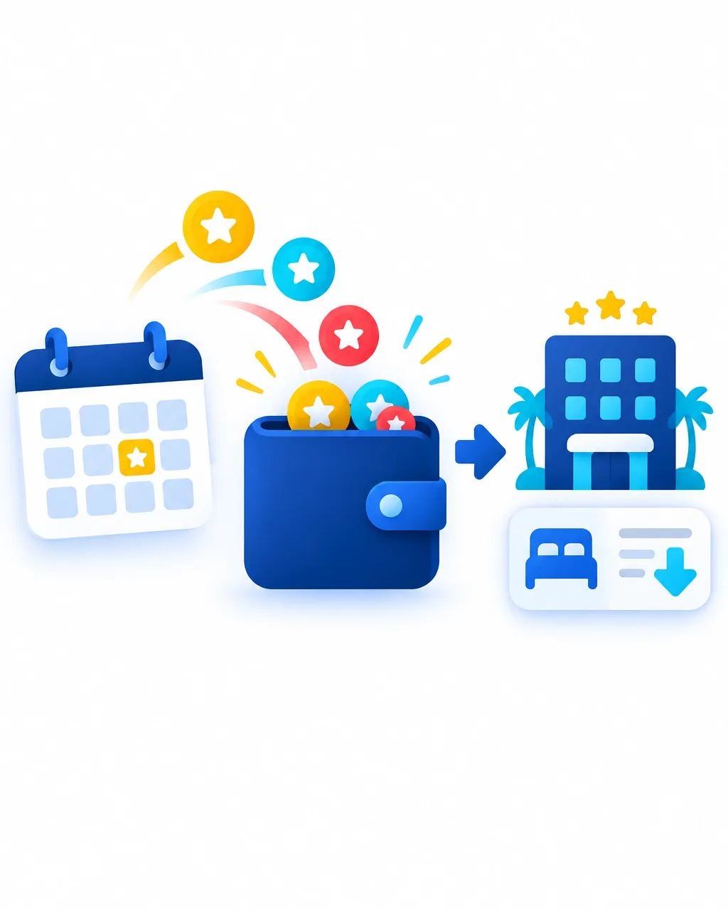 Simple illustration showing monthly travel points reducing a hotel booking price