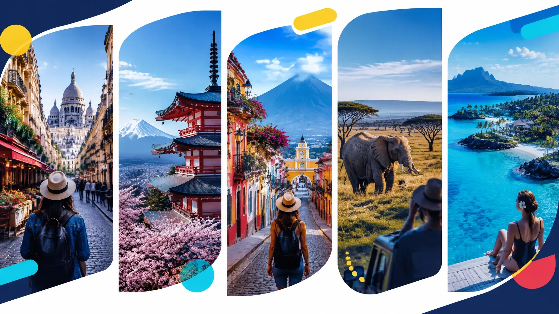 Worldwide travel collage featuring city breaks, cultural destinations, resorts, and nature escapes