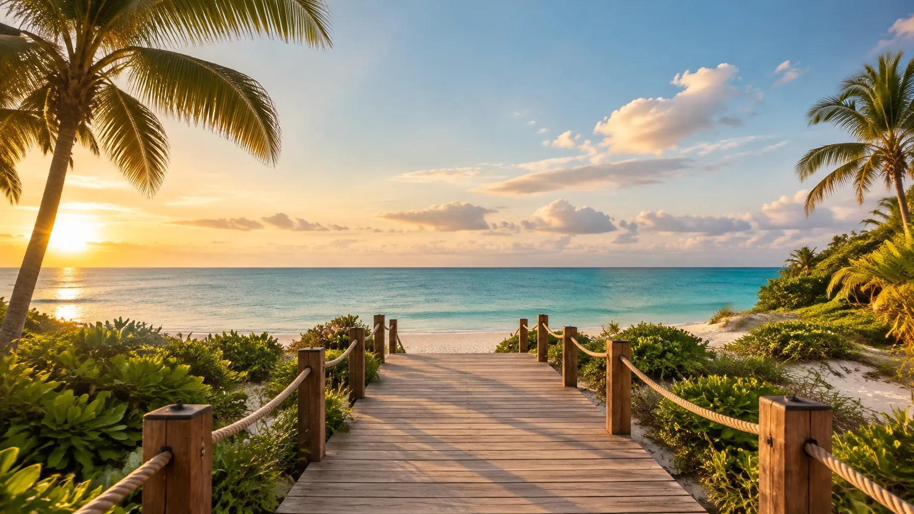 A warm boardwalk leading toward the ocean