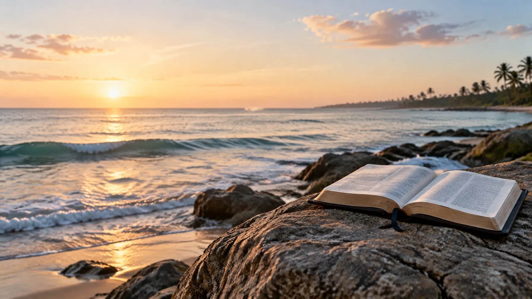 Open Bible near a shoreline at sunrise