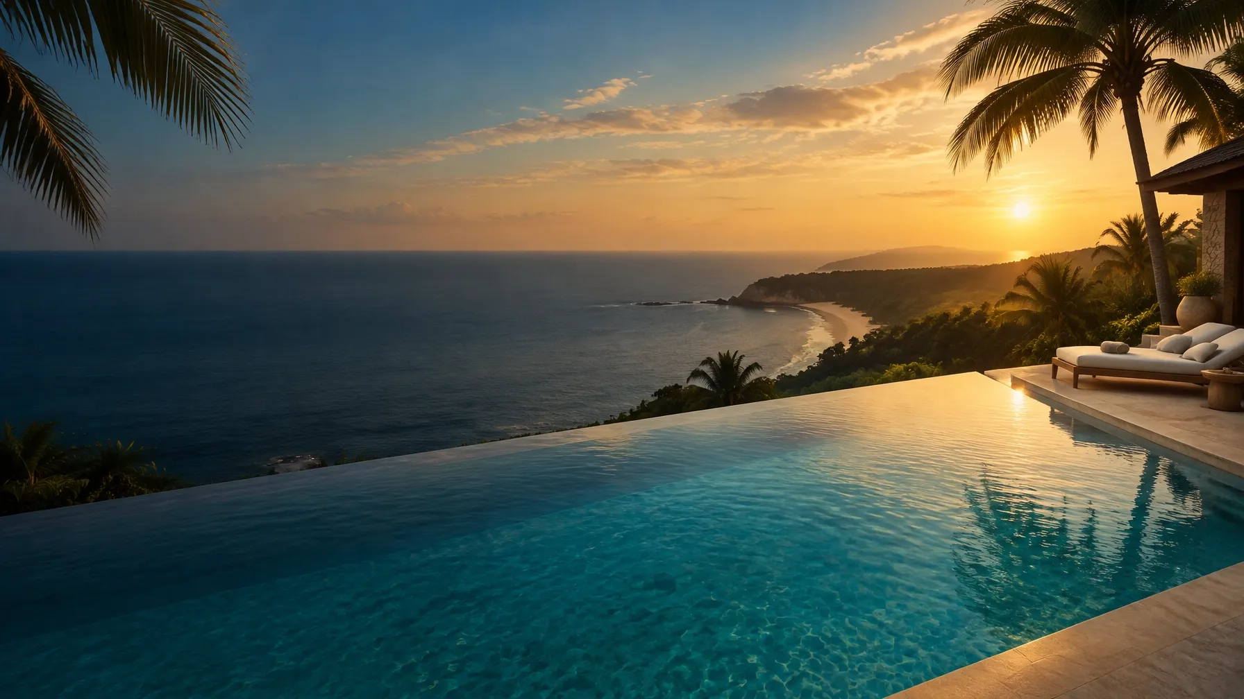 Turquoise infinity pool and tropical coastline at golden hour